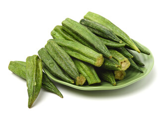 Healthy okra chips isolated on white background 
