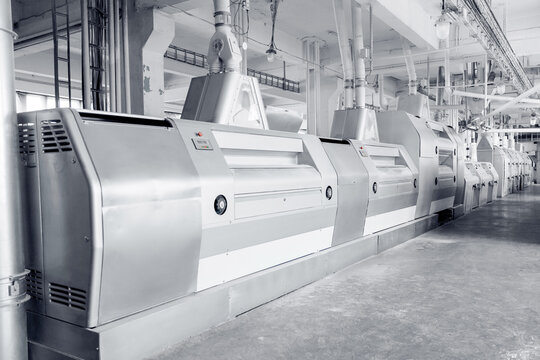 Modern automatic mill for production of white flour from wheat, rice, semolina. Industrial food industry