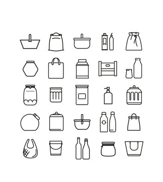 Collection de boites, sacs, pots et bouteilles, pour conditionnement nourriture dans les &eacute;piceries en vrac