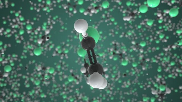 Chloroethene molecule made with balls, scientific molecular model. Chemical looping 3d animation