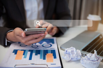 Search of internet browser and businessman working on modern smart phone at table indoors, closeup...