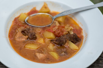 Traditional easter european goulash soup with beef meat and vegetables