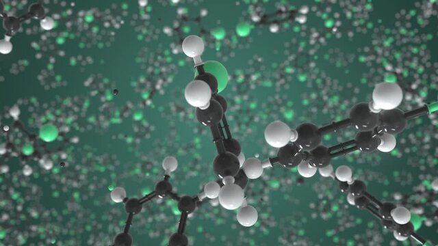Chlorobenzene molecule made with balls, scientific molecular model. Chemical looping 3d animation