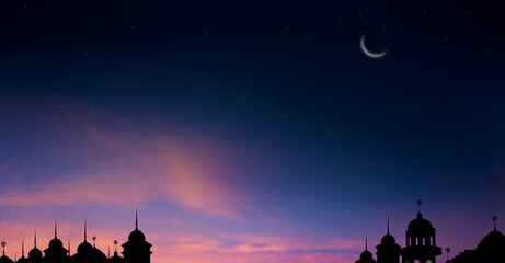 Ramadan kareem religion symbols. Mosques Dome in twilight night with Crescent Moon and sky dark...