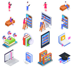 Digital Online Library Isometric Icon Set