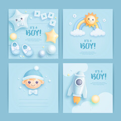 Set of baby shower invitation with cartoon rocket, shoes, rainbow, sun and helium balloons on blue background. It's a boy. Vector illustration