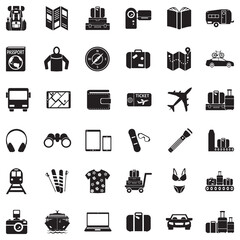 Travel Tools Icons. Black Flat Design. Vector Illustration.