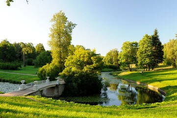 Summer day in Pavlovsky park, Pavlovsk, St. Petersburg, Russia. Nice evening in the park. Beautiful views of the park, green trees, soft sun, flowing river, white bridge over the water.