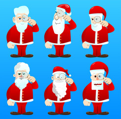 Santa Claus in his red clothes with white beard holding a magnifying glass. Vector cartoon character illustration.