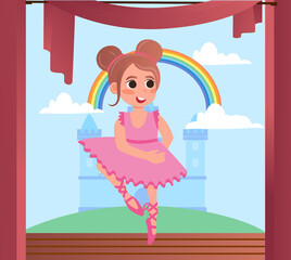 Ballerina performs on stage. Beautiful little girl in pink dress and pointe shoes turns pirouettes. Gentle, elegant dance, hobby and activity for child. Cartoon colorful flat vector illustration © Rudzhan