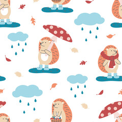 Seamless pattern of cute hedgehogs with mushroom, scarf and basket on white background. Ideal for kids design, fabric, wrapping, wallpaper, textile, home decor.