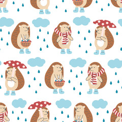 Seamless pattern of hedgehogs with rainy clouds on white background. Ideal for kids design, fabric, wrapping, wallpaper, textile, home decor.