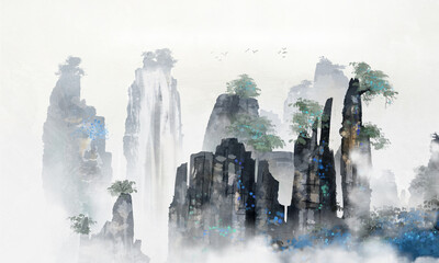 Atmospheric blue artistic conception landscape painting