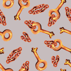 The key is on a chain. Seamless pattern. Watercolor (3)