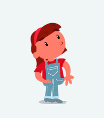 cartoon character of little girl on jeans looks with doubt and somewhat surprised.