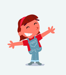 cartoon character of little girl on jeans opening arms very happy.
