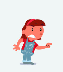 cartoon character of little girl on jeans pointing something aggressively.