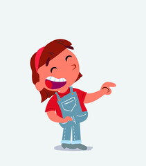 cartoon character of little girl on jeans points to his side while laughing.