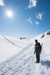 Naklejka na ściany i meble winter hiker at snowy footpath Rofan alps, bright sunshine, vertical shot