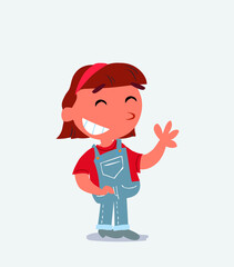 cartoon character of little girl on jeans waving informally while laughing.