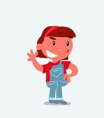cartoon character of little girl on jeans waving while smiling.
