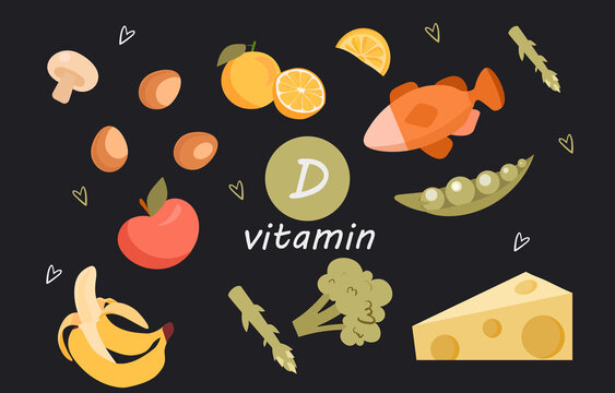 Collection of vitamin D sources. Food enriched with calciferol. Healthy and delicious food products. Seafood, vegetables, fruits, proteins and dairy products. Cartoon flat vector illustration