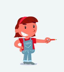 happy cartoon character of little girl on jeans points with pencil to the side.