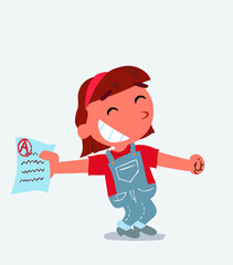 happy cartoon character of little girl on jeans rejoices with exam in hand.