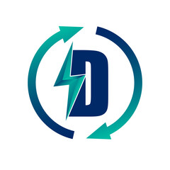 Renewable Green Energy Thunderbolt Letter D Logo Icon Concept. Production of Green Energy Powered by Renewable Electricity. 
