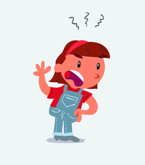 Indigned cartoon character of little girl on jeans vehemently shakes his hand.