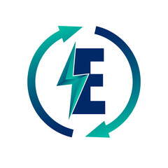 Renewable Green Energy Thunderbolt Letter E Logo Icon Concept. Production of Green Energy Powered by Renewable Electricity. 
