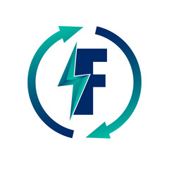 Renewable Green Energy Thunderbolt Letter F Logo Icon Concept. Production of Green Energy Powered by Renewable Electricity. 
