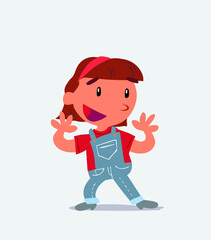 Pleasantly surprised cartoon character of little girl on jeans.