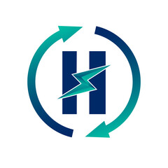 Renewable Green Energy Thunderbolt Letter H Logo Icon Concept. Production of Green Energy Powered by Renewable Electricity. 
