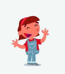 Pleased cartoon character of little girl on jeans explaining something.