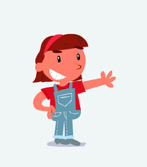 Pleased cartoon character of little girl on jeans points to something.