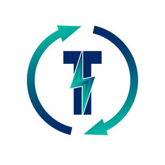 Renewable Green Energy Thunderbolt Letter T Logo Icon Concept. Production of Green Energy Powered by Renewable Electricity. 
