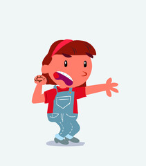 Very angry cartoon character of little girl on jeans pointing at something.