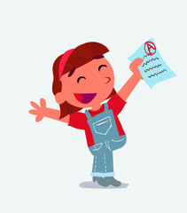 very happy cartoon character of little girl on jeans with a exam in hand.