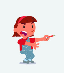 angry cartoon character of little girl on jeans with pencil points to the side.