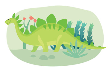 Green cartoon cute dinosaur walks through the primeval forest. Vector graphics