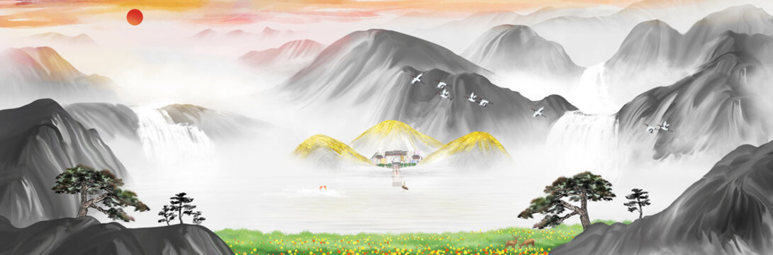 Hand drawn large-size new Chinese landscape Feng Shui painting