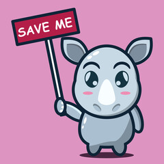 vector illustration of cute 
rhino holding a sign that says save me