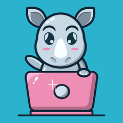 vector illustration of cute
rhino working in front of laptop