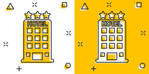 Vector cartoon hotel icon in comic style. Tower sign illustration pictogram. Hotel apartment business splash effect concept. © Lysenko.A