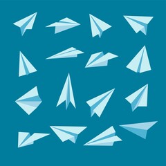 Cartoon paper plane vector illustrations set. Collection of white paper airplanes flying in air or sky, aircraft from folded paper isolated on blue background. Origami, communication, freedom concept