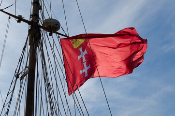 FLAG - Gdańsk coat of arms on the mast of a sailing ship
