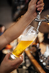 Bartender's hands pouring draught beer into a glass