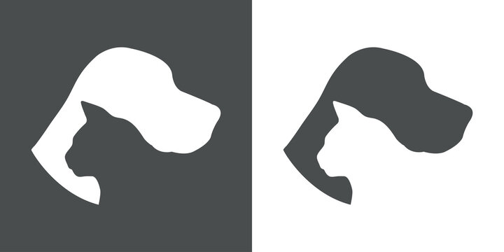 Cuidado de mascotas. Logotipo con silueta de cabeza de perro y cabeza de gato en fondo gris y fondo blanco