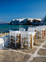 A restaurant overlooking Little Venice, Mykonos Island, Greece. Lunch and dinner overlooking the...